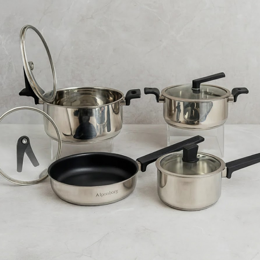 AlpenbergStainless Steel Cookware 8-Piece Set – Non-Stick Frying Pans & Glass Lid Saucepots