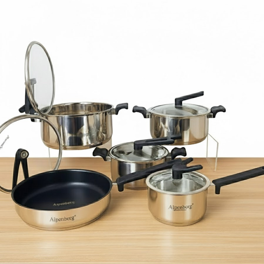AlpenbergStainless Steel Cookware 10-Piece Set – Non-Stick Frying Pans & Glass Lid Saucepots