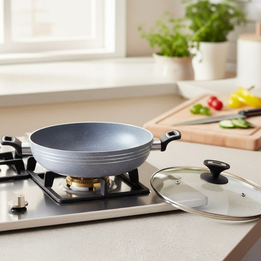 Kitchen King Marble Coated Marbelo Wok Karahi with Glass Lid 28cm