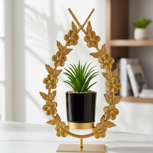 Golden Metal Drop Floral Pot with Artificial Plant & Ceramic Poten