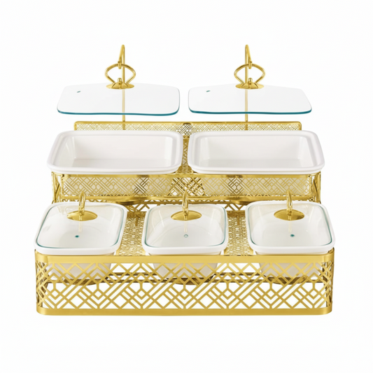 Brilliant 5 Portion Buffet Serving Dish with Golden Stand &Glass Lid