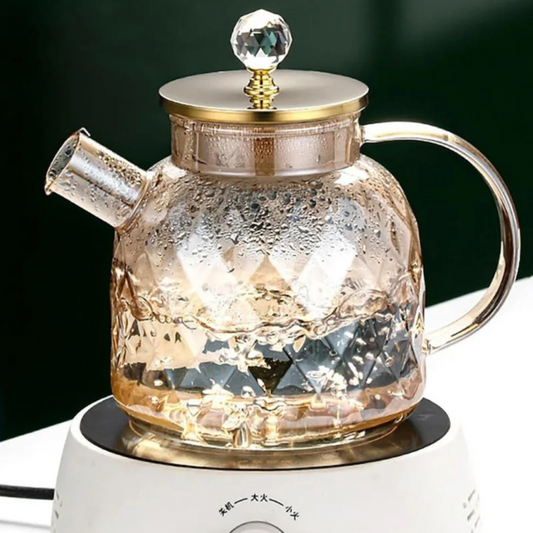 Glass Tea Kettle with Bamboo Lid Diamond Cut Design Heat Resistant