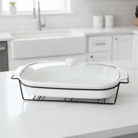 Brilliant Serving Rectangular 14inch Casserole Serving Dish with Candle Stand & Glass Lid