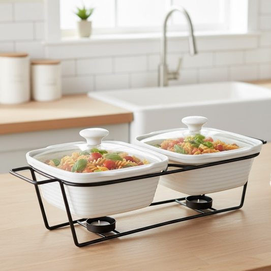 Brilliant 12inch Twin Rectangular Casserole Dish with Candle Stand & Glass Lid