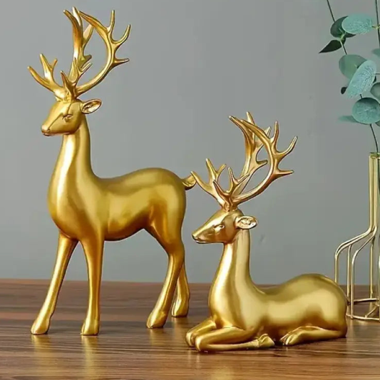 Golden Deer Figurine Set 2Piece Decorative Sculpture