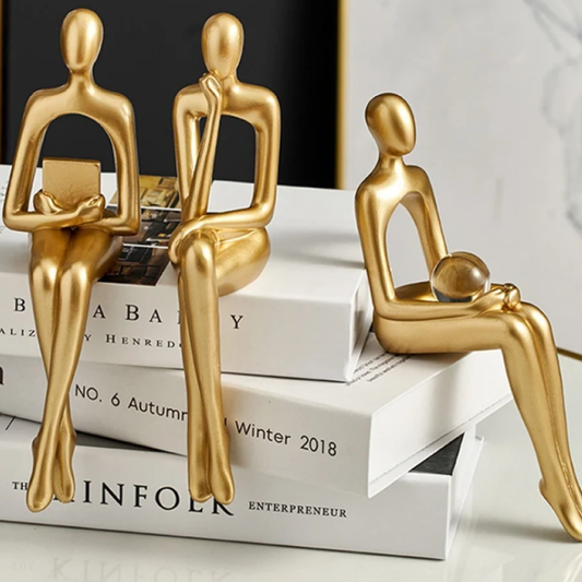 Modern Gold Abstract Thinker Statue Set 3Piece Resin Sculptures