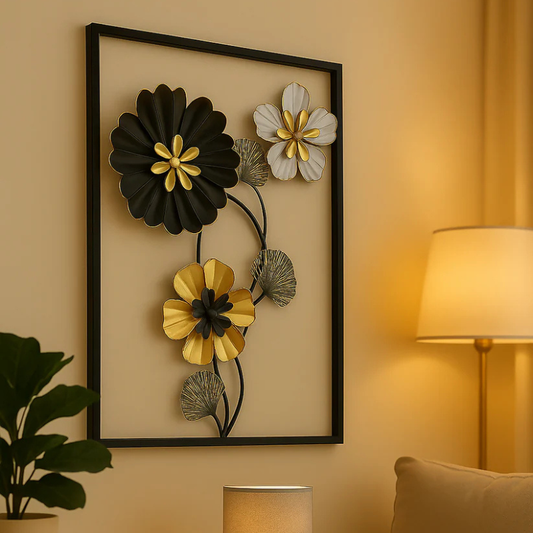 Luxury 3D Metal Flower Wall Art Black, Gold & White Blooms