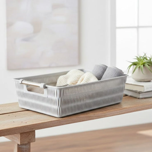 Limon Rectangle Bamboo Medium Basket with Steel Handles