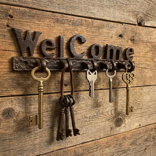 Welcome Wall Key Holder Metal Decorative Rack with 5 Hooks