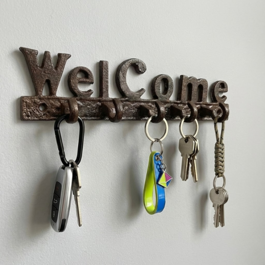 Welcome Wall Key Holder Metal Decorative Rack with 5 Hooks
