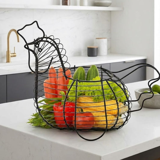 Black Metal Wire Egg Basket with Chicken Shape Design