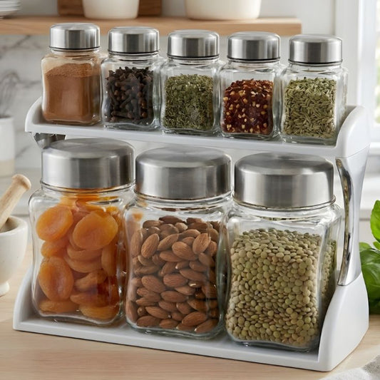 Ziba Glass Spice Jars Set Seven Pieces With Steel Lid