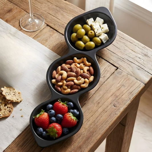 3 Section Melamine Black Appetizer Platter For Serving Snacks and Dips
