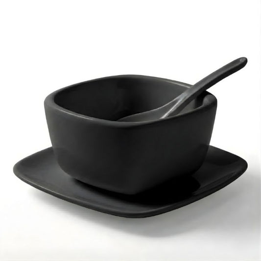 Trifle Black Bowl With Saucer And Spoon For Serving Soups