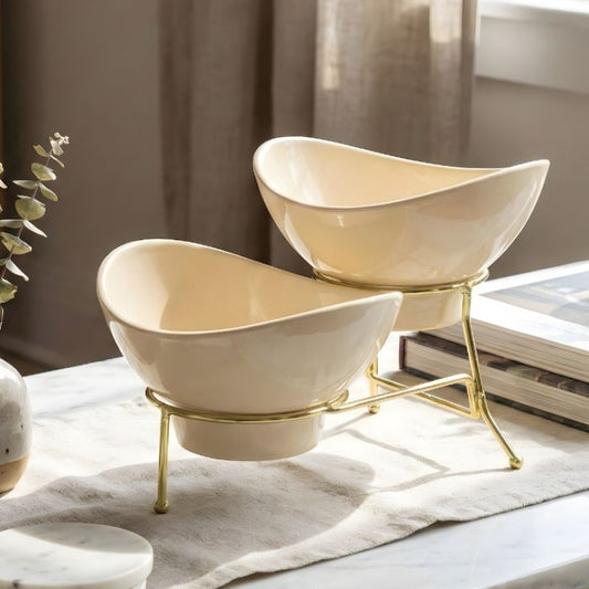 Melamine 2 Small Cream Lotus Bowls With Golden Stand