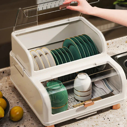 Dustproof Dish Rack Organizer with Cover Kitchen Dish Drying Rack