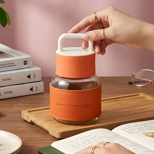 Borosilicate Glass Water Bottle Silicone Sleeve & Handle Lid