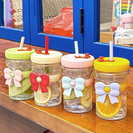 Cute Aesthetic Glass Cup 400ML Flower & Bow Design
