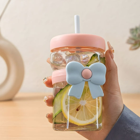 Cute Aesthetic Glass Cup 400ML Flower & Bow Design
