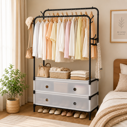 Double Pole Clothes Rack Garment Organizer with Shoe Storage