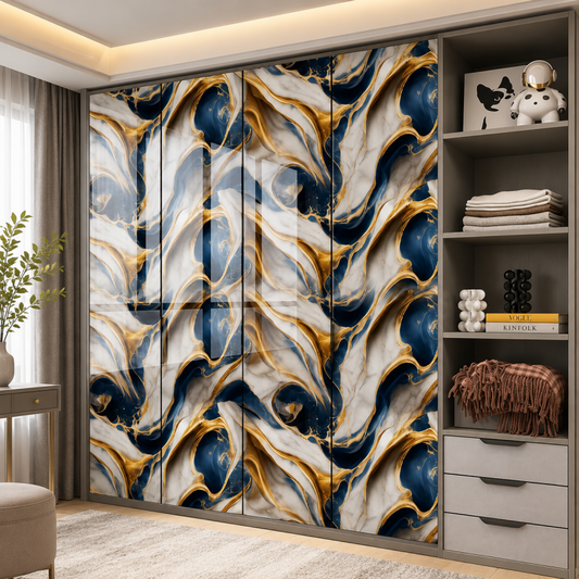 Self Adhesive Black Marble Sheet Blue & Gold Design