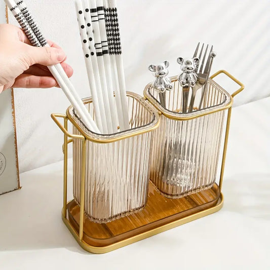 Acrylic Cutlery Holder with Golden Steel Stand Kitchen Utensil Organizer