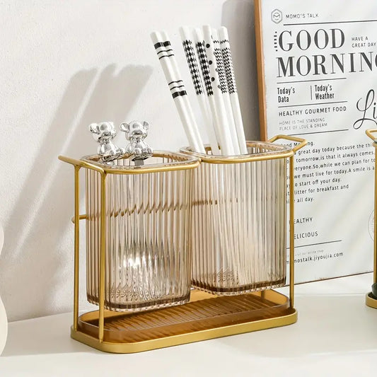 Acrylic Cutlery Holder with Golden Steel Stand Kitchen Utensil Organizer
