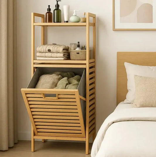 Bamboo Laundry Basket with Storage Shelf
