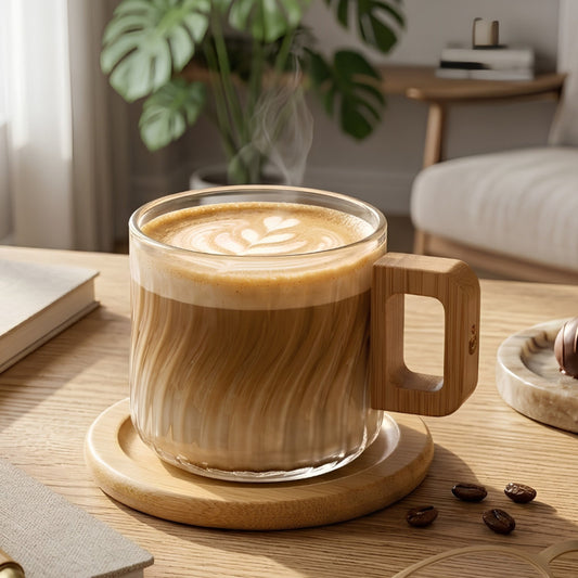 Luxury Glass Coffee Mug With Wooden Coaster