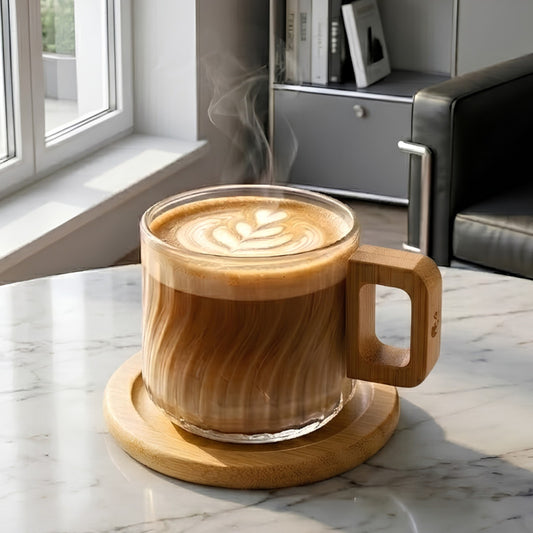 Luxury Glass Coffee Mug With Wooden Coaster
