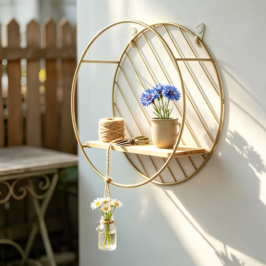 Nordic Gold Round Metal Wall Shelf with Wooden Ledge