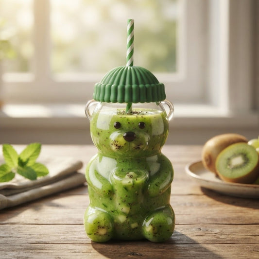 Cute 470ml Bear Shaped Glass Sipper with Silicone Cap