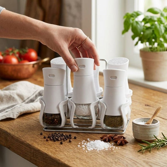 6PCS Glass Spice Shaker Set with Stand Kitchen Seasoning Organizer - Homazing