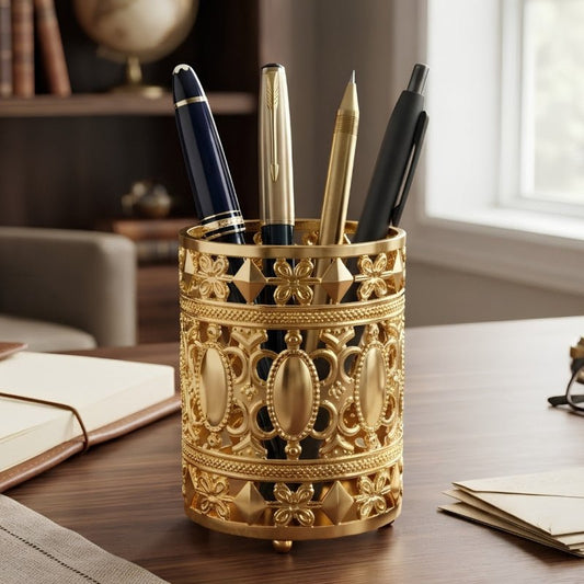 Gold Metal Pen Holder & Tealight Candle Lantern - Homazing