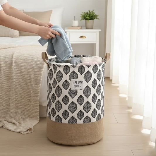 Two-Tone Foldable Laundry Basket - Leaves Pattern
