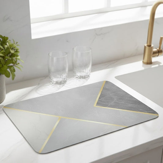 Anti-Slip Dish Drying/Dining Table Mat-Gray With Gold Diagonal Lines Design