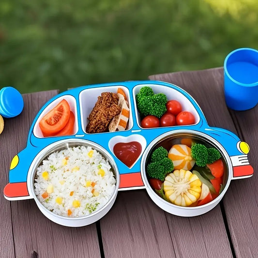 Portion Car Plate with Steel Bowl Kids Meal Set