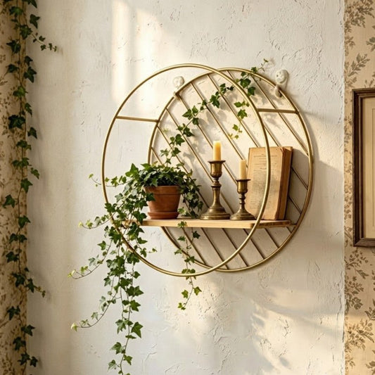 Nordic Gold Round Metal Wall Shelf with Wooden Ledge - Homazing
