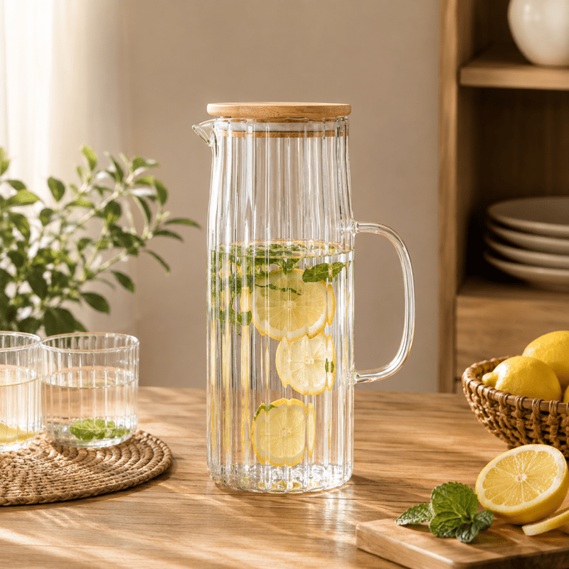 1.1L Borosilicate Glass Pitcher With Bamboo Lid - Homazing