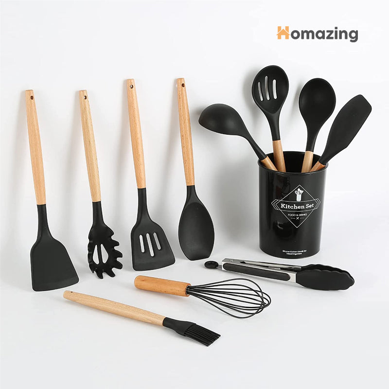 12pcs Silicone Utensil Set With Wooden Handle