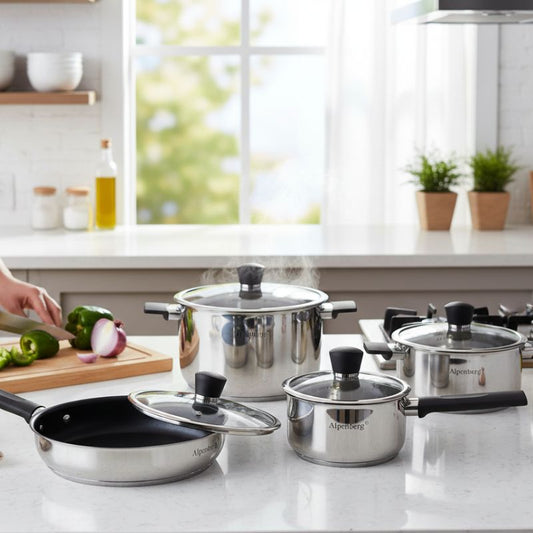Alpenberg Stainless Steel  8-Piece Cookware Set | Pot & Pan Combo with Glass Lids