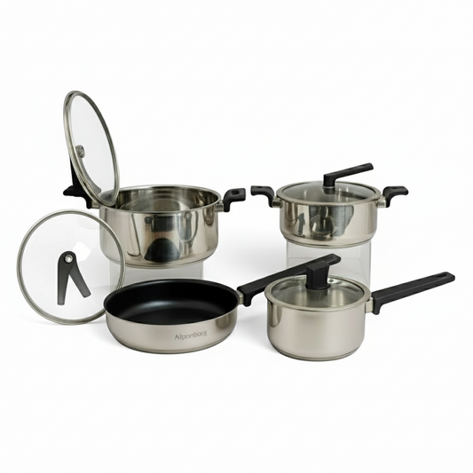 AlpenbergStainless Steel Cookware 8-Piece  Set – Non-Stick Frying Pans & Glass Lid Saucepots