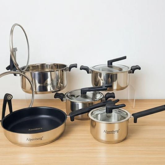 AlpenbergStainless Steel Cookware 10-Piece  Set – Non-Stick Frying Pans & Glass Lid Saucepots