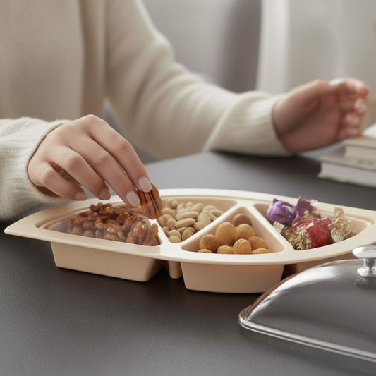 Dry Fruit Tray Dish 4 Partition Leaf Design with Clear Dome Cover