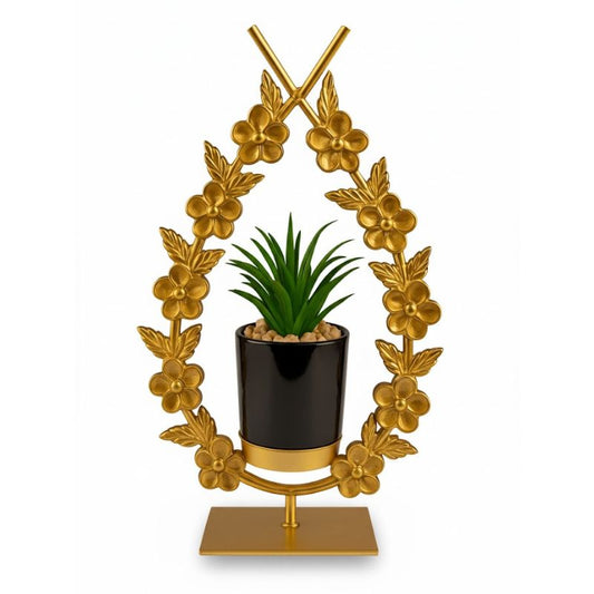 Golden Metal Drop Floral Pot with Artificial Plant & Ceramic Poten