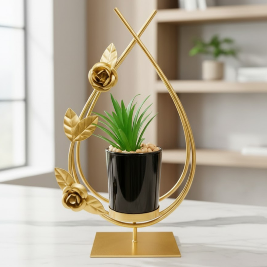 Golden Metal Globe Pot with Artificial Plant