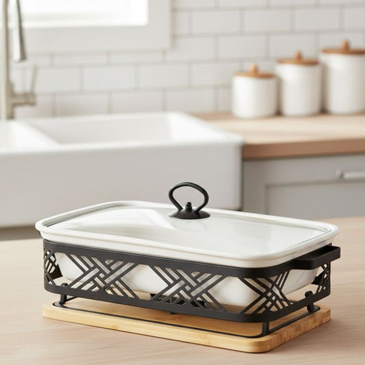Brilliant 15inch Rectangular Serving Dish Casserole with Candle Stand & Glass Lid
