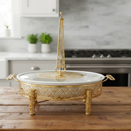 Brilliant Oval 16inch Serving Hot Dish with Candle Stand & Glass Lid