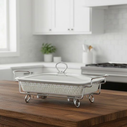 Brilliant Rectangular 16.5inch Casserole Serving Dish with Candle Stand And Glass Lid