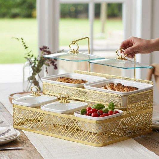 Brilliant 5 Portion Buffet Serving Dish with Golden Stand &Glass Lid